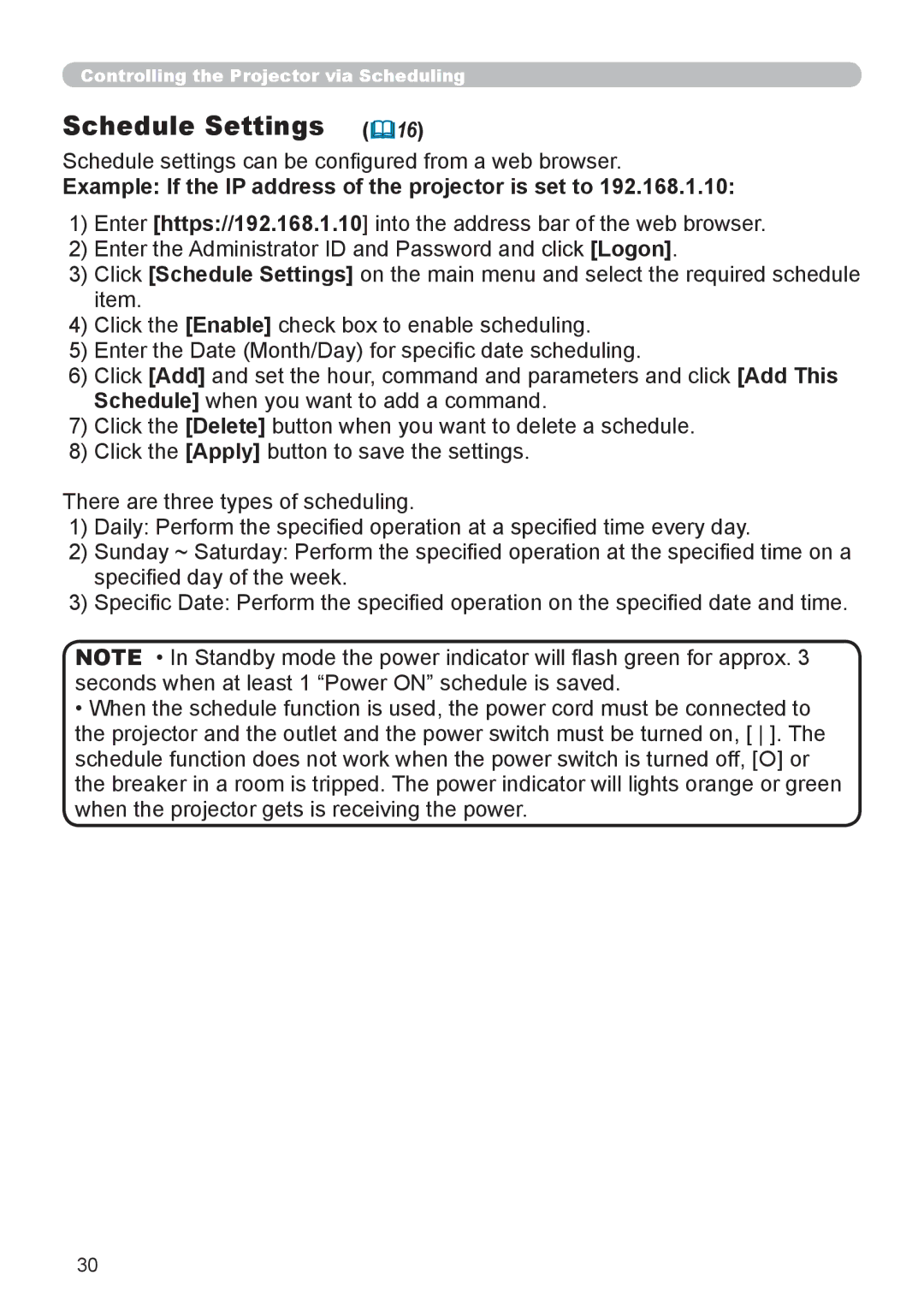 Hitachi CP-X255 user manual Schedule Settings 16, Schedule settings can be conﬁgured from a web browser 