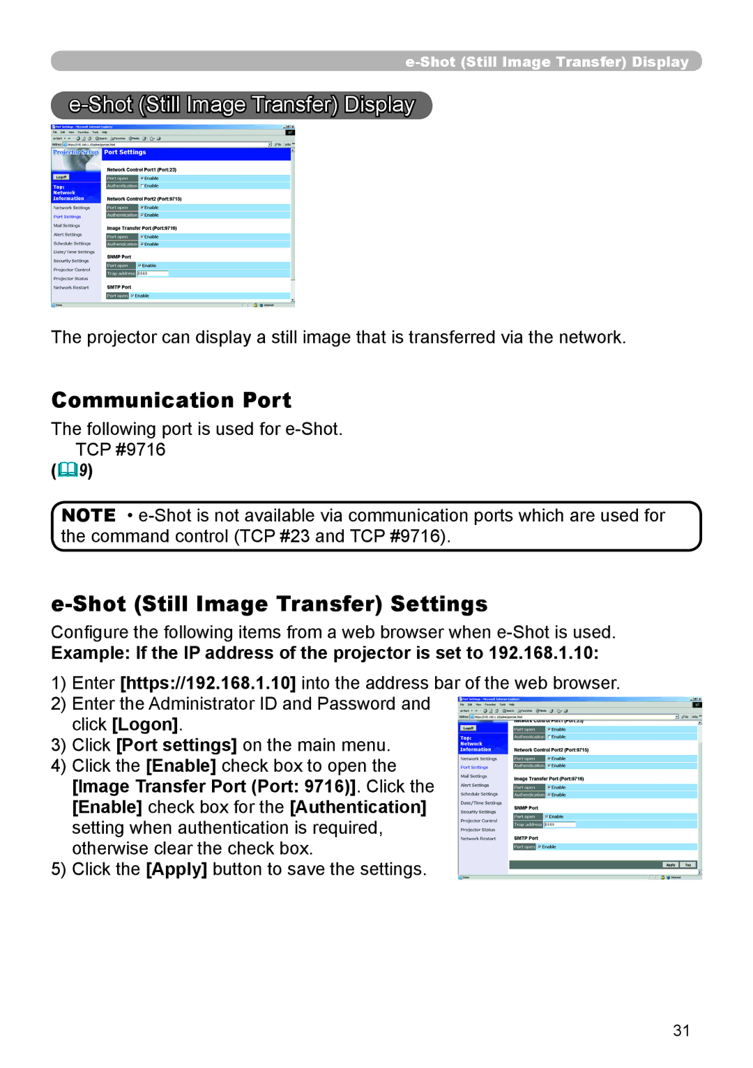 Hitachi CP-X255 user manual Shot Still Image Transfer Display, Communication Port, Shot Still Image Transfer Settings 