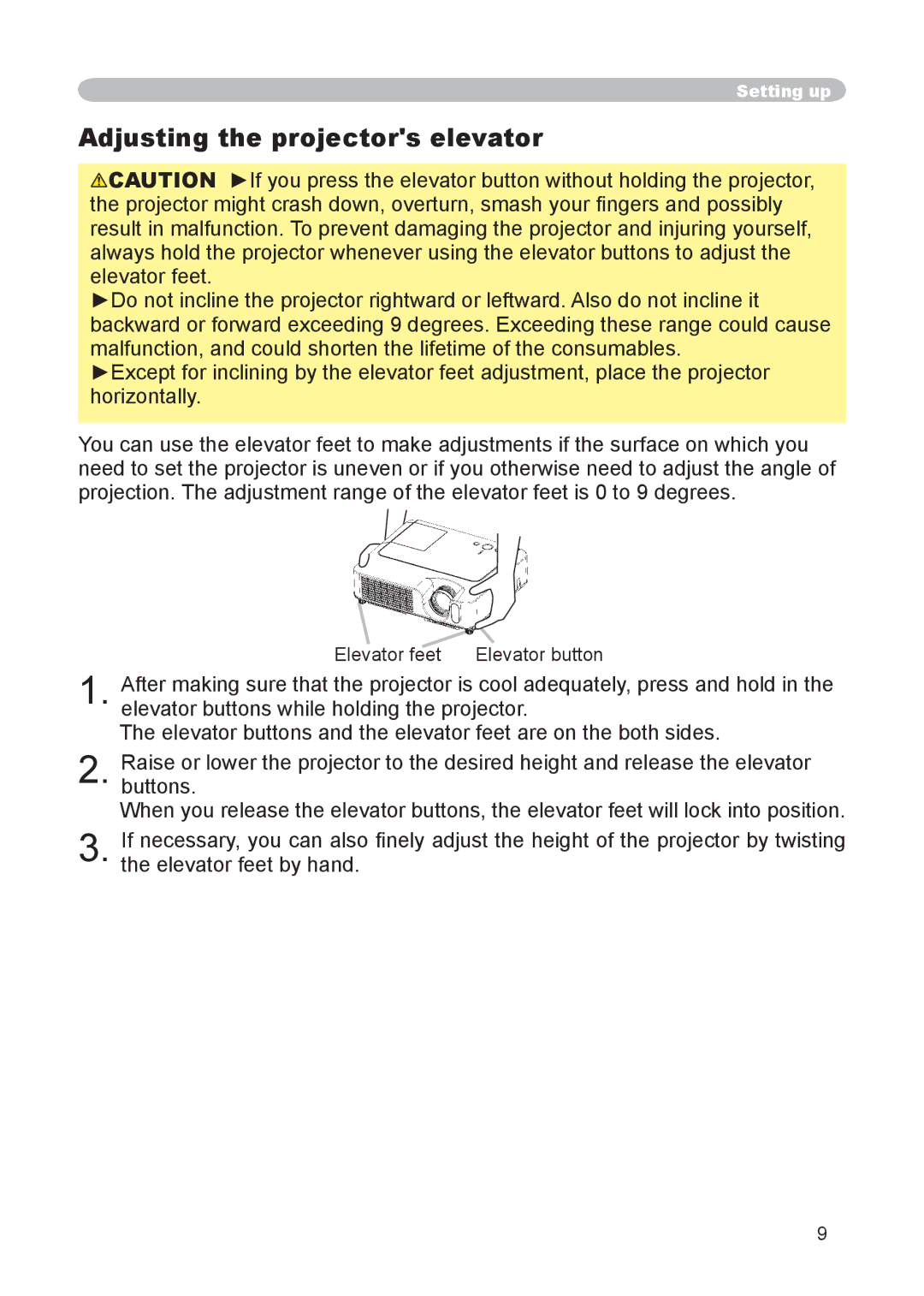 Hitachi CP-X255 user manual Adjusting the projectors elevator 