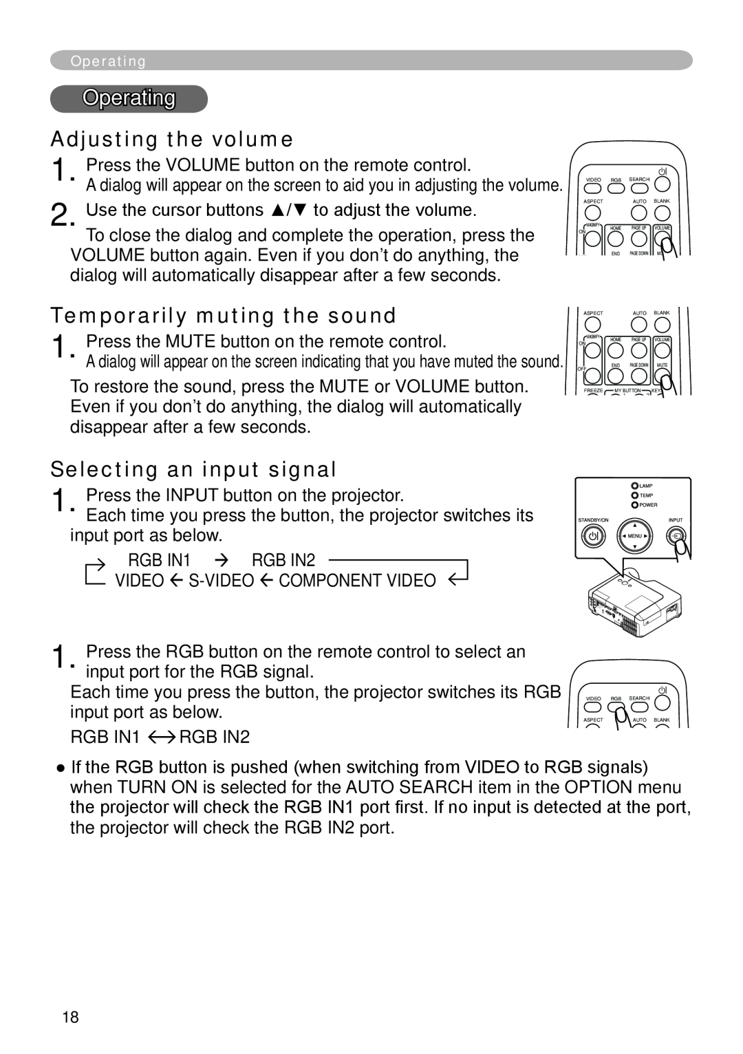 Hitachi CP-X265 user manual Operating, Adjusting the volume, Temporarily muting the sound, Selecting an input signal 