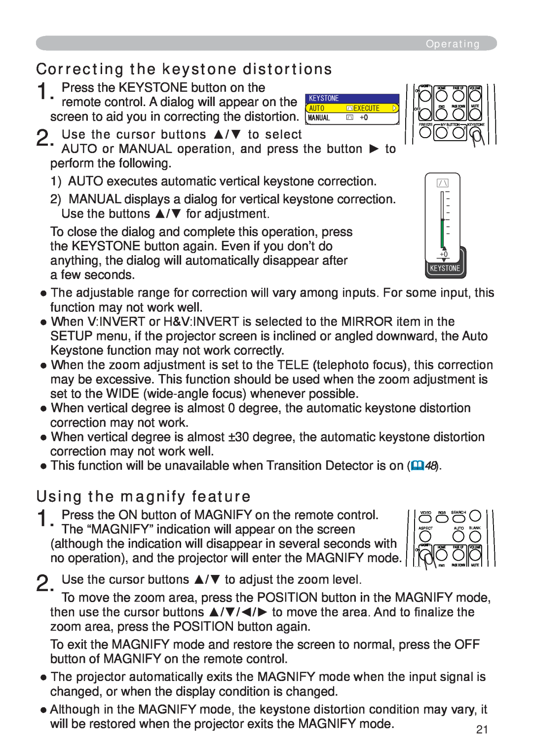 Hitachi CP-X265 user manual Correcting the keystone distortions, Using the magnify feature 
