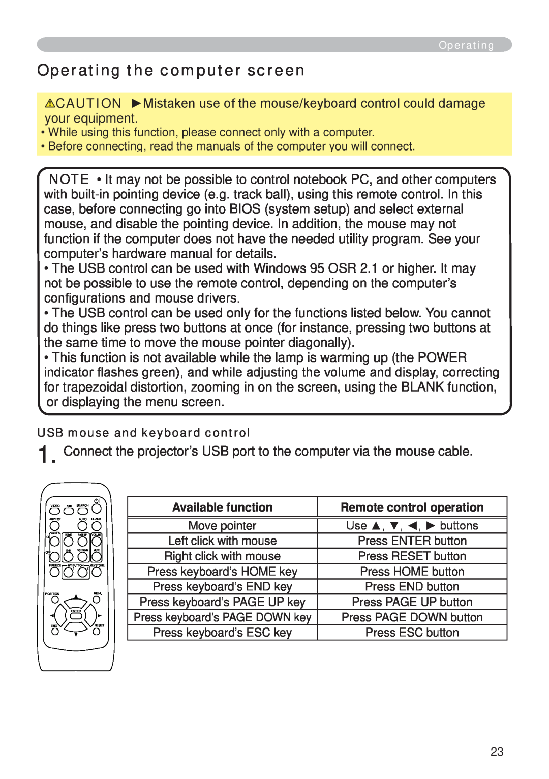 Hitachi CP-X265 user manual Operating the computer screen, USB mouse and keyboard control, Available function 