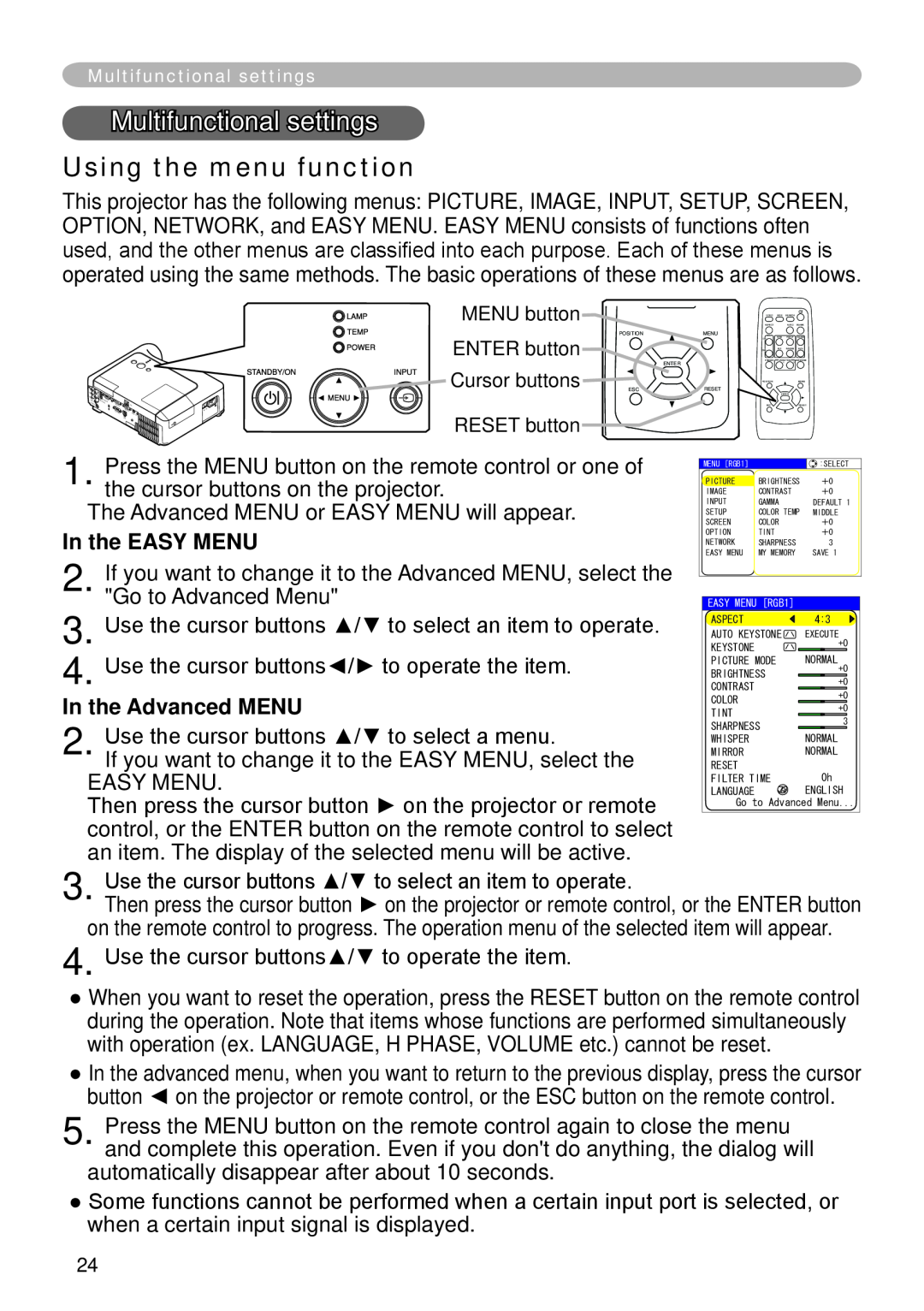 Hitachi CP-X265 user manual Multifunctional settings, Using the menu function, In the EASY MENU, In the Advanced MENU 