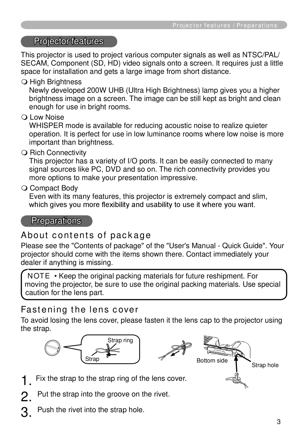 Hitachi CP-X265 user manual Projector features, Preparations, About contents of package, Fastening the lens cover 