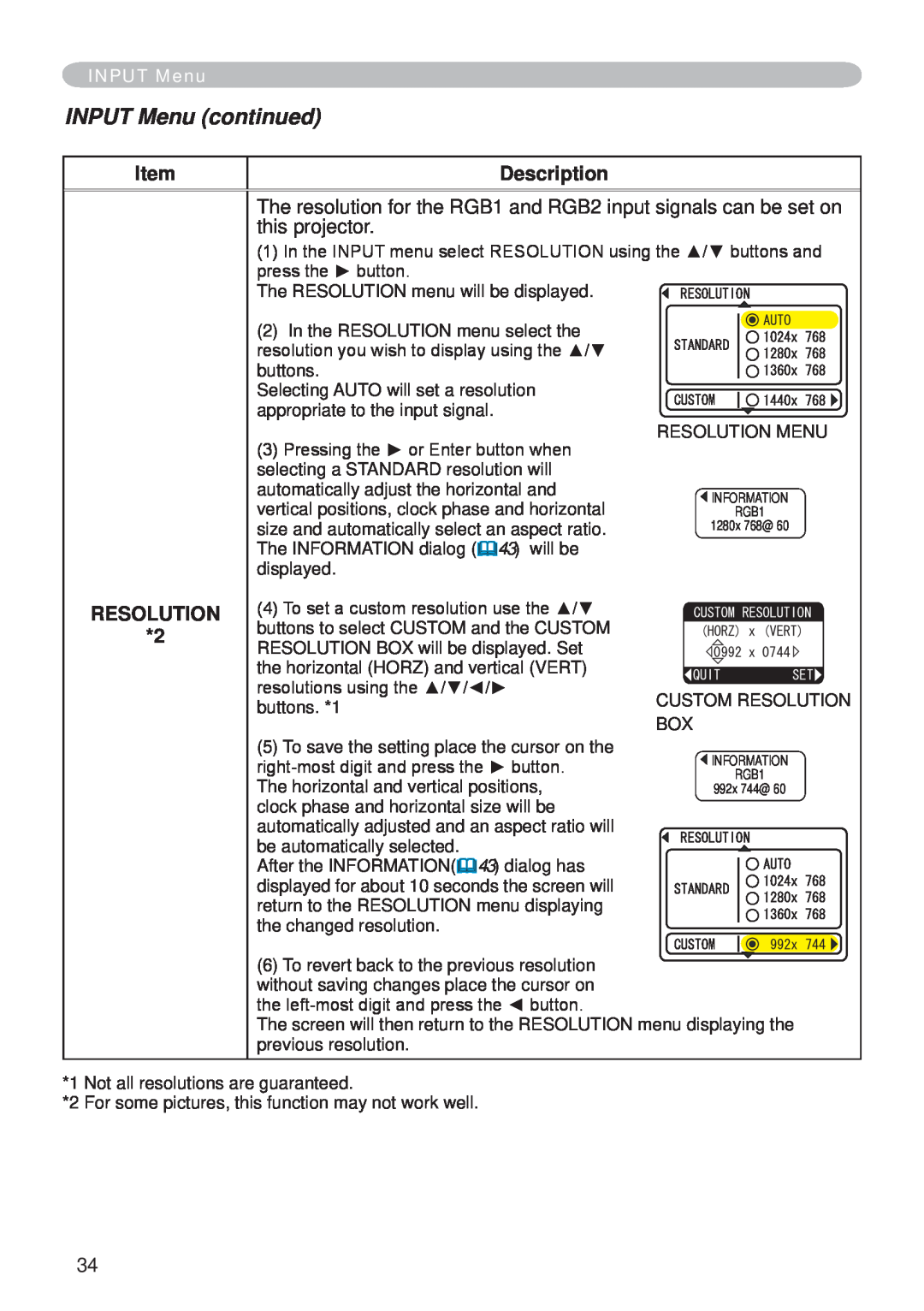 Hitachi CP-X265 user manual INPUT Menu continued, Description, The RESOLUTION menu will be displayed 