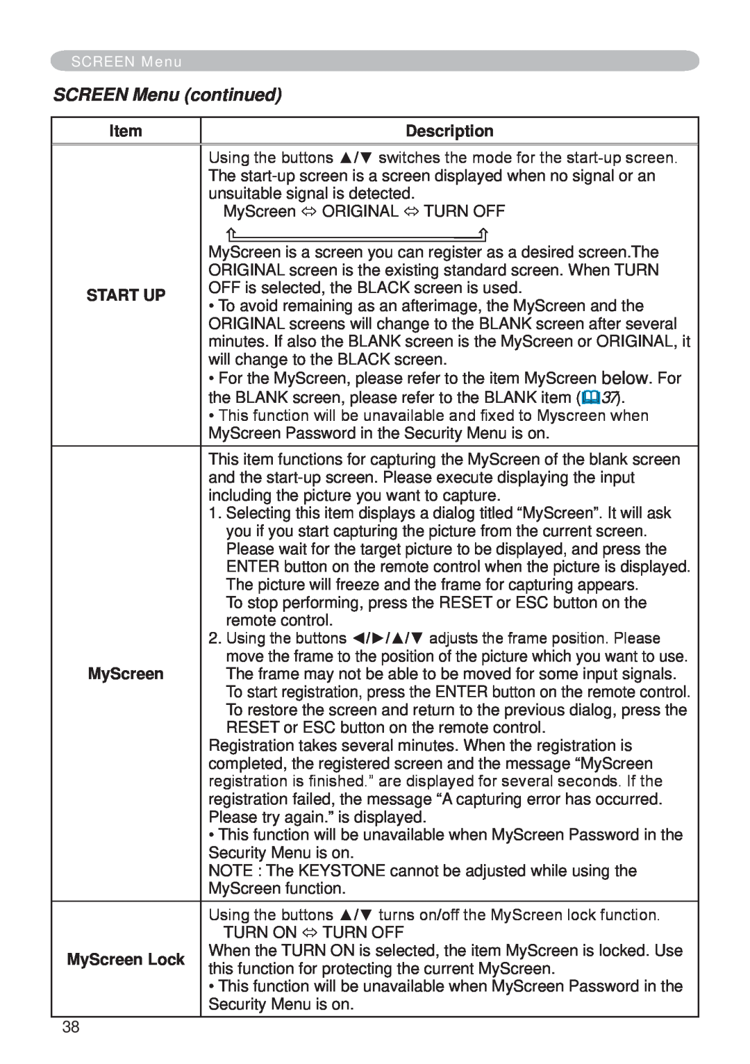 Hitachi CP-X265 user manual SCREEN Menu continued, Description, Start Up, MyScreen Lock 