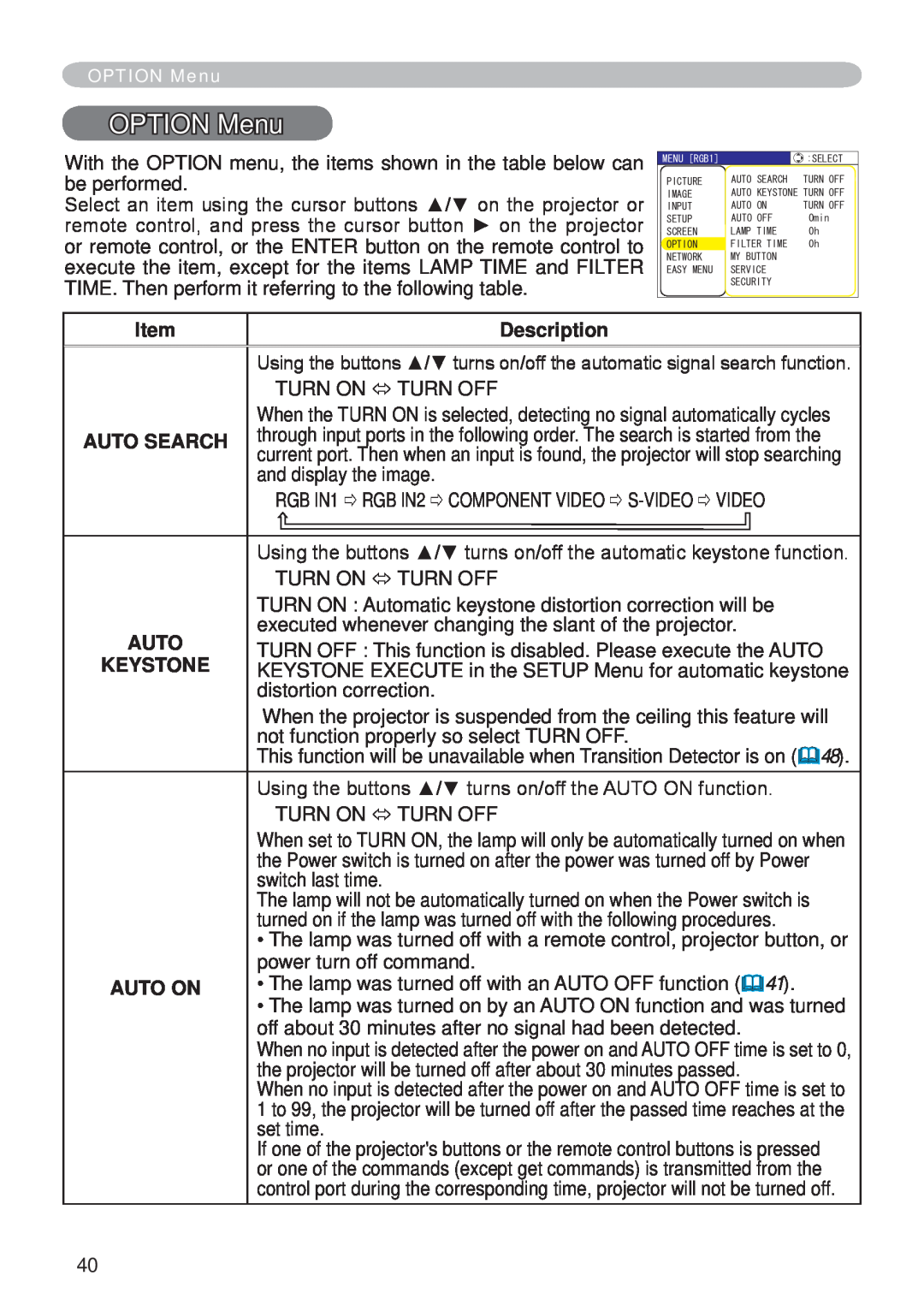 Hitachi CP-X265 user manual OPTION Menu, Description, Auto Search, Keystone, Auto On 