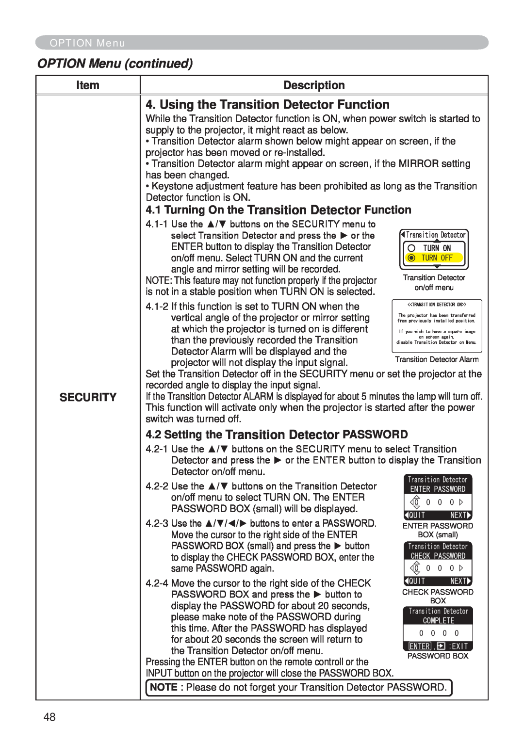 Hitachi CP-X265 user manual Using the Transition Detector Function, OPTION Menu continued, Description, Security 