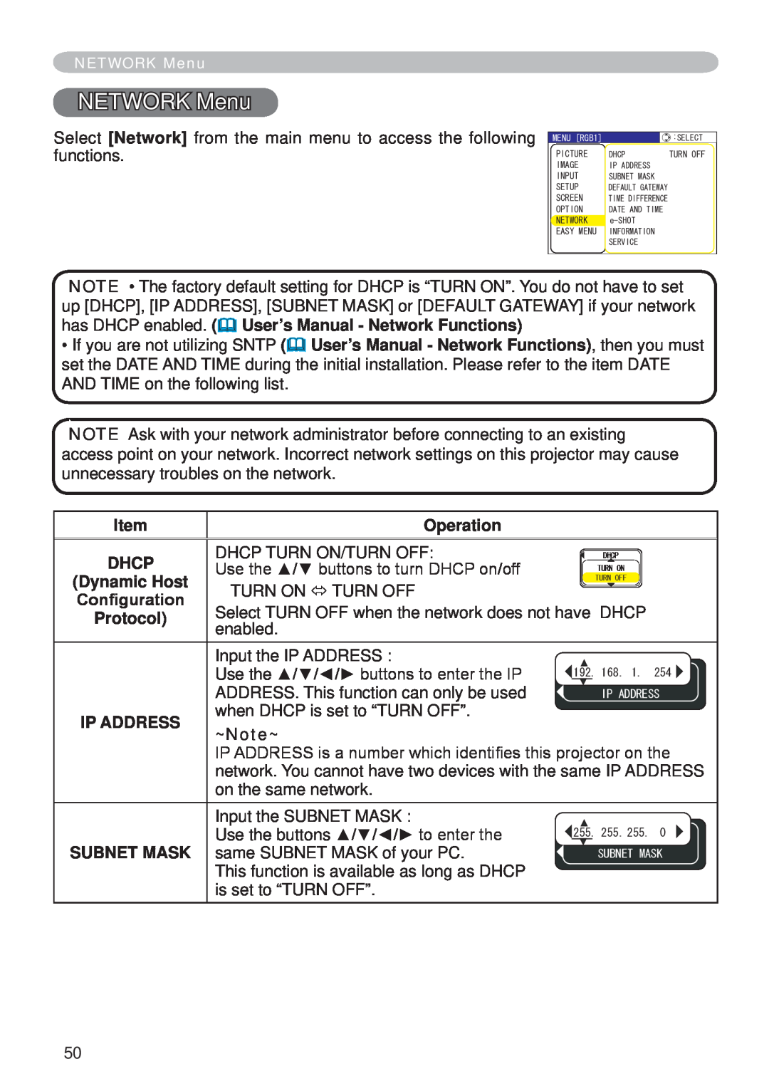 Hitachi CP-X265 NETWORK Menu, has DHCP enabled.  User’s Manual - Network Functions, Operation, Dhcp, Dynamic Host, ~Note~ 