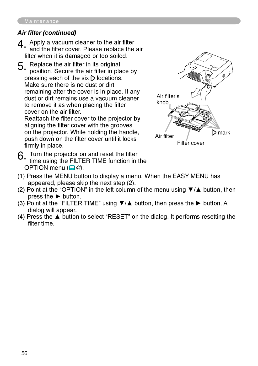 Hitachi CP-X265 user manual Air filter continued 