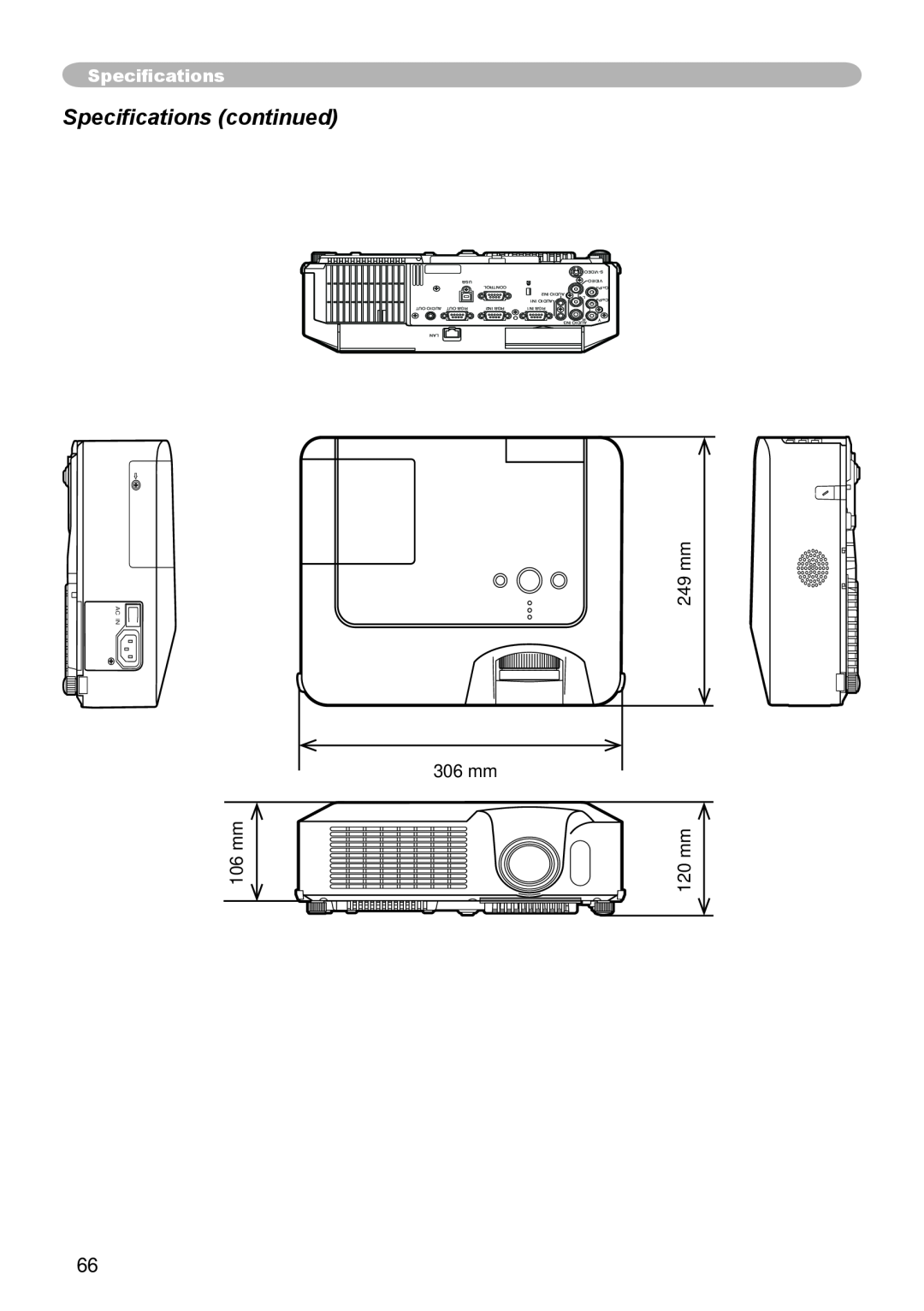 Hitachi CP-X265 user manual Specifications continued, 106 mm, 249 mm 306 mm 120 mm 