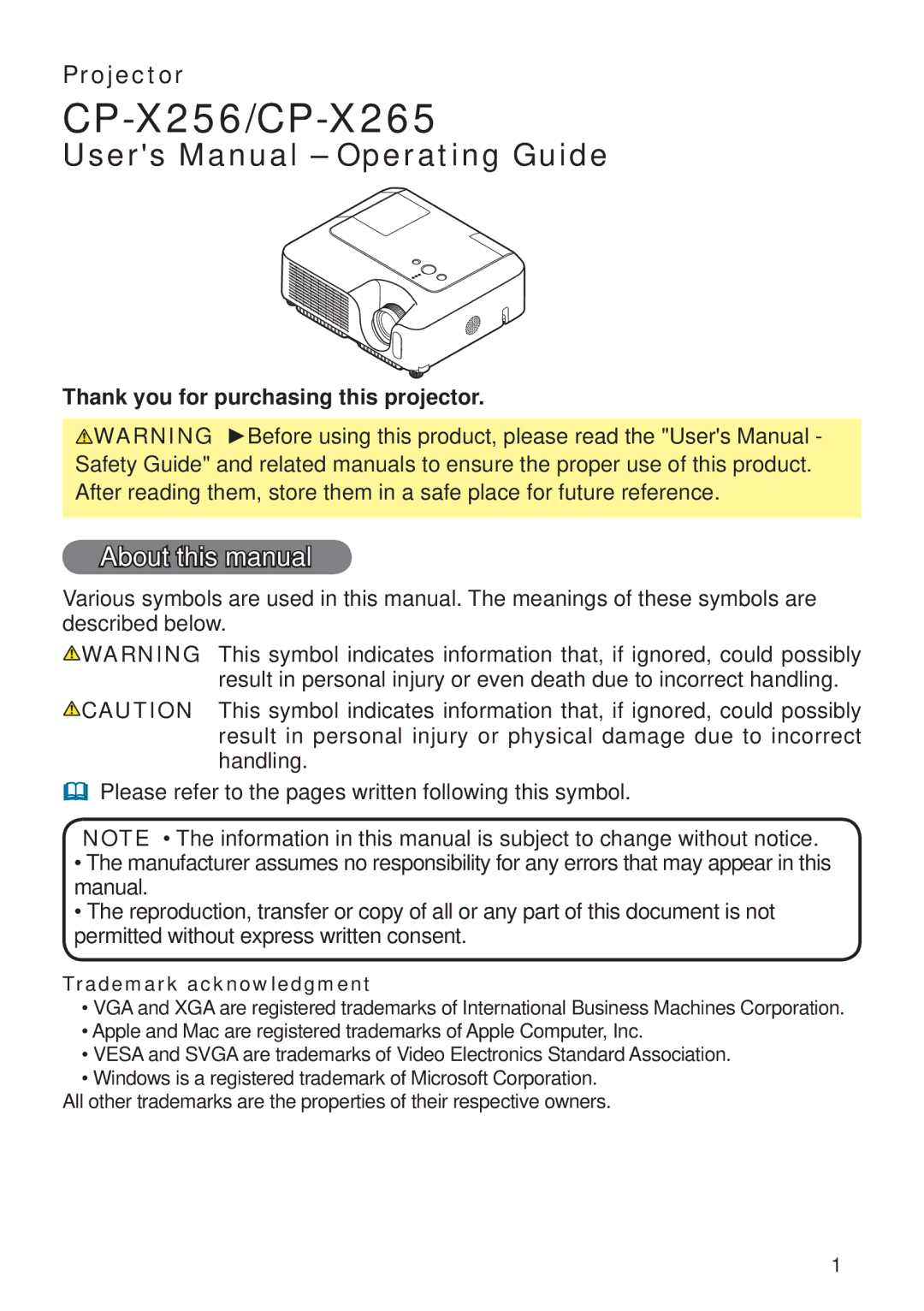 Hitachi CP-X265 user manual About this manual, Thank you for purchasing this projector, Trademark acknowledgment 