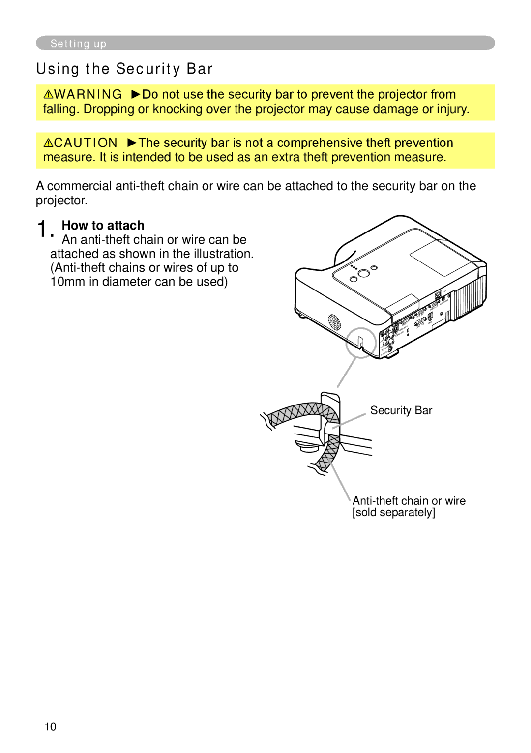 Hitachi CP-X265 user manual Using the Security Bar, How to attach, Security Bar Anti-theft chain or wire sold separately 