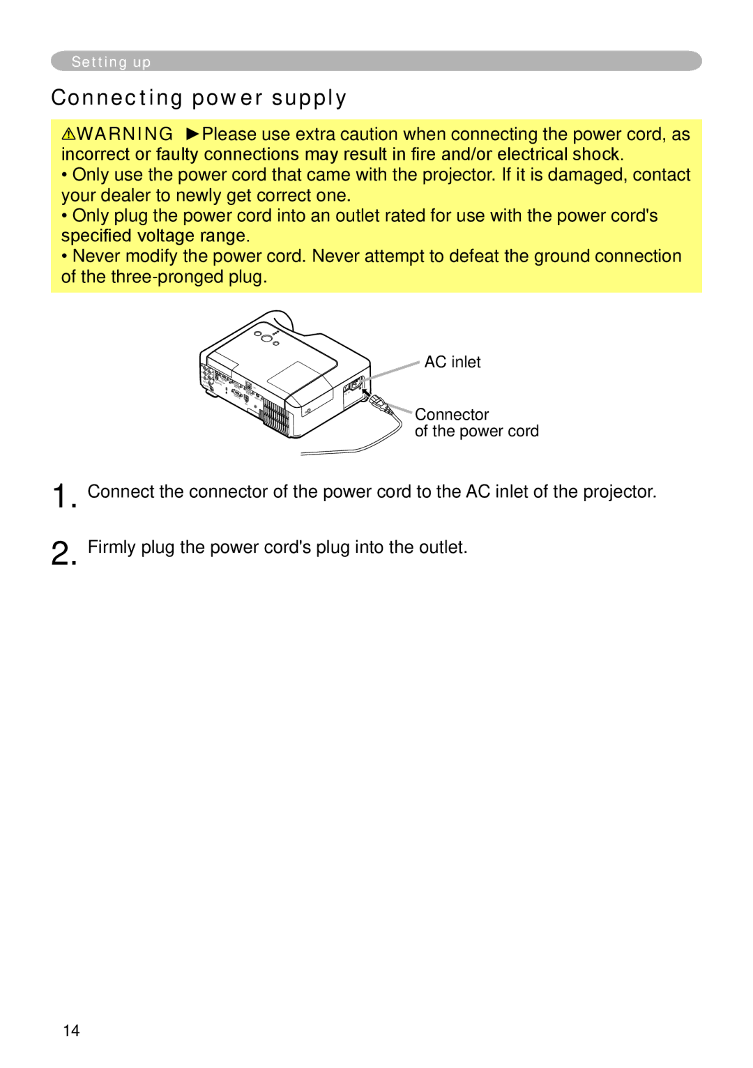 Hitachi CP-X265 user manual Connecting power supply, AC inlet Connector Power cord 