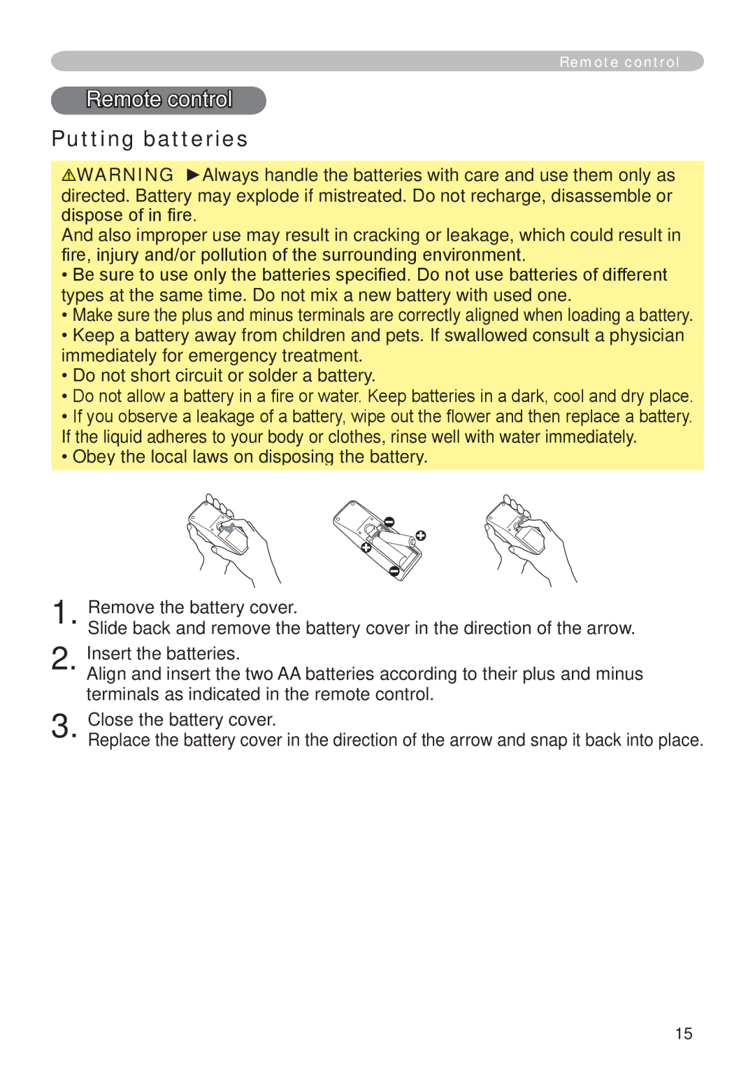 Hitachi CP-X265 user manual Remote control, Putting batteries 