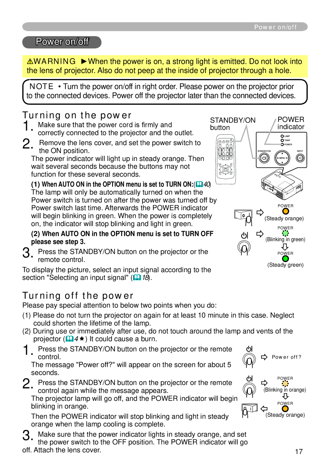 Hitachi CP-X265 user manual Power on/off, Turning on the power, Turning off the power, Off. Attach the lens cover 