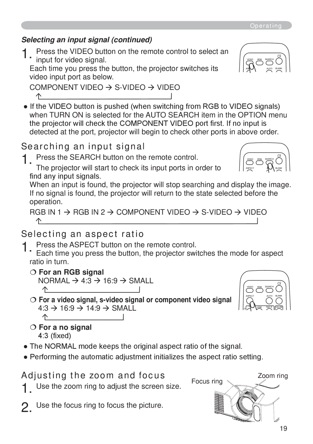 Hitachi CP-X265 user manual Searching an input signal, Selecting an aspect ratio, Adjusting the zoom and focus 