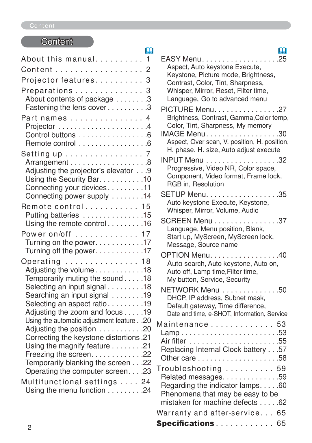 Hitachi CP-X265 user manual Content 