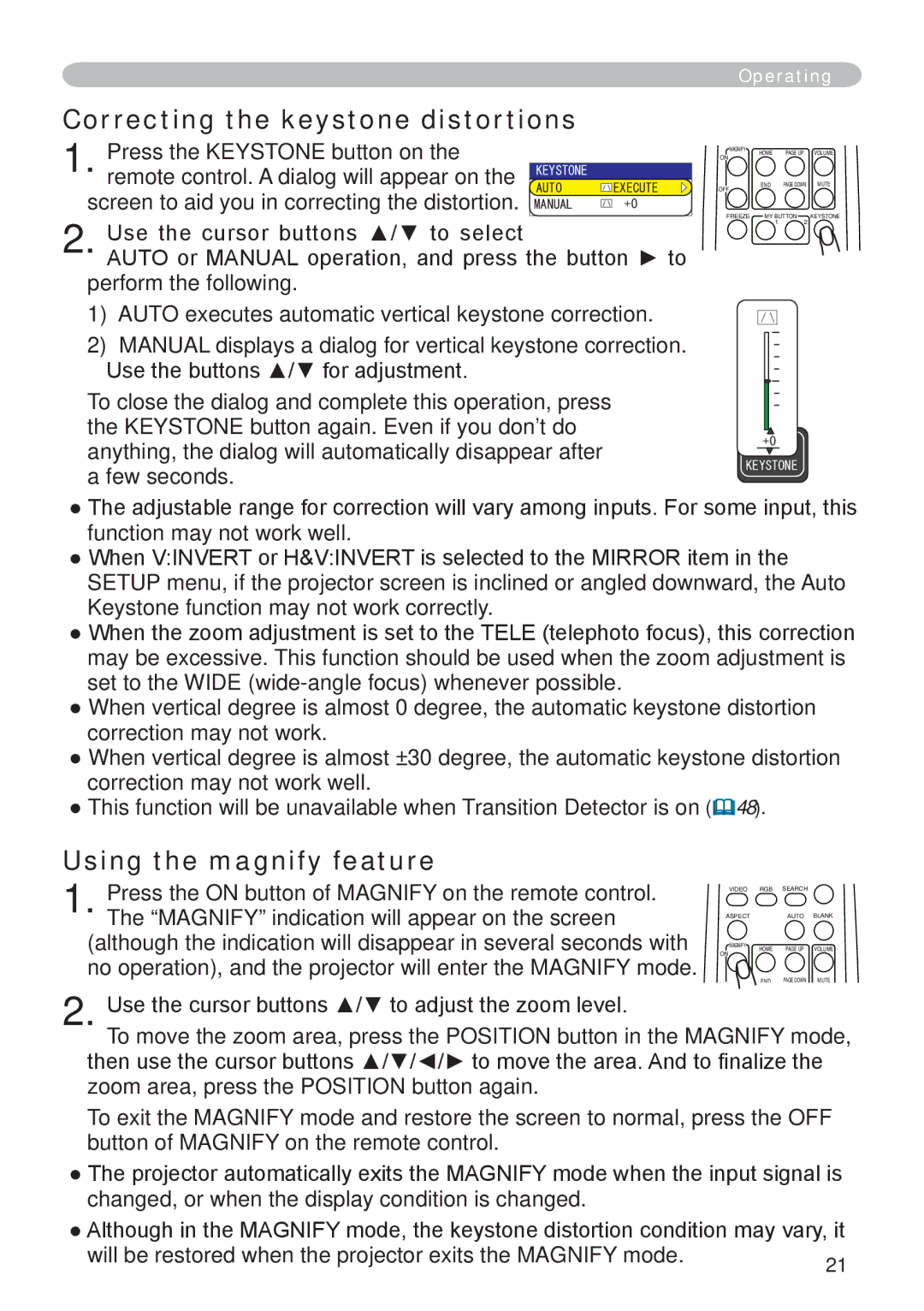 Hitachi CP-X265 user manual Correcting the keystone distortions, Using the magnify feature 