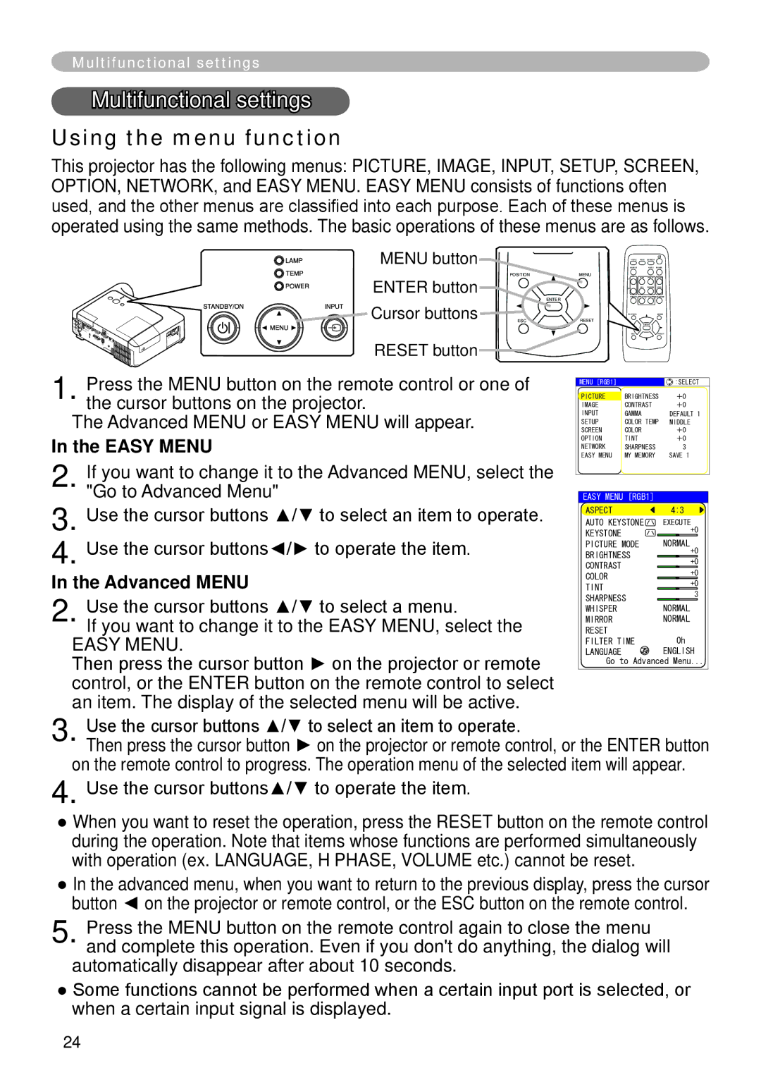 Hitachi CP-X265 user manual Multifunctional settings, Using the menu function, Easy Menu, Advanced Menu 