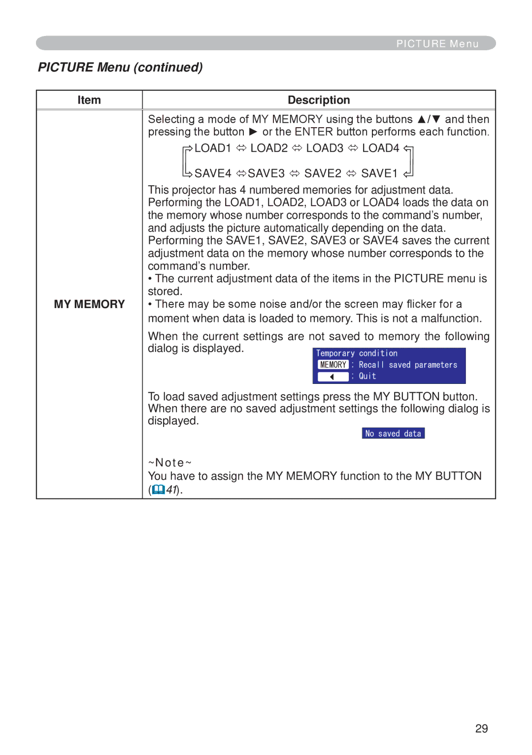 Hitachi CP-X265 user manual MY Memory, ~Note~ 