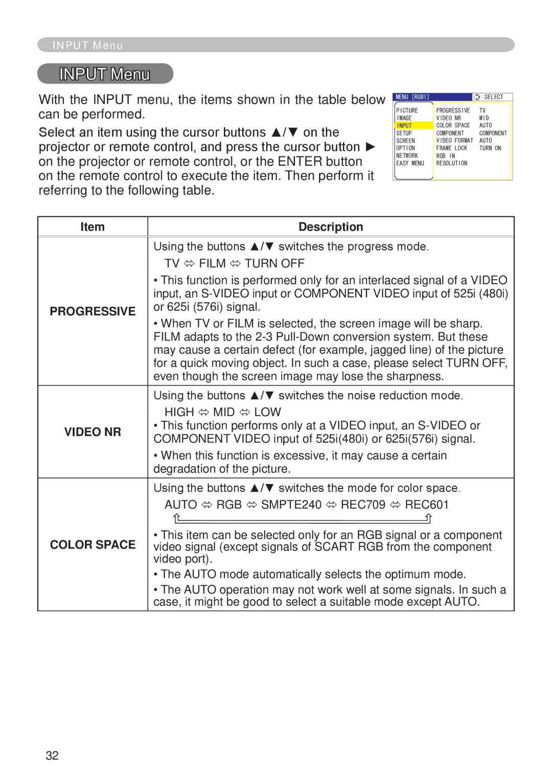 Hitachi CP-X265 user manual Input Menu, Progressive, Video NR, Color Space 