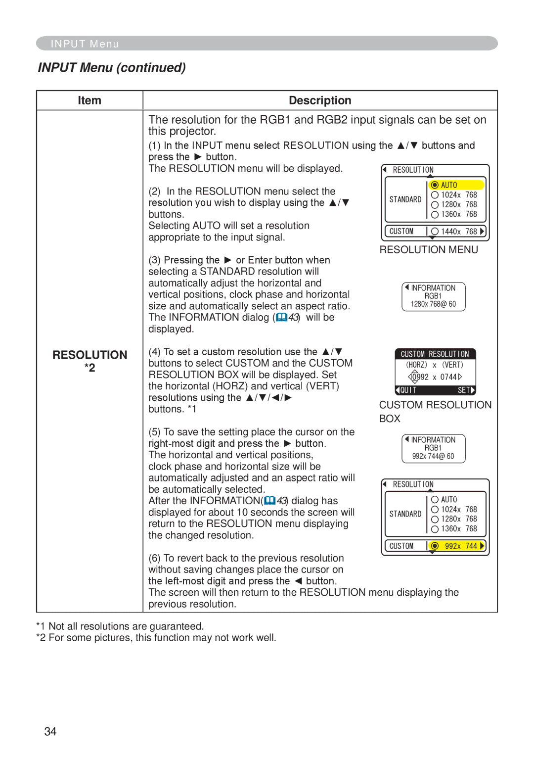 Hitachi CP-X265 user manual Custom Resolution 