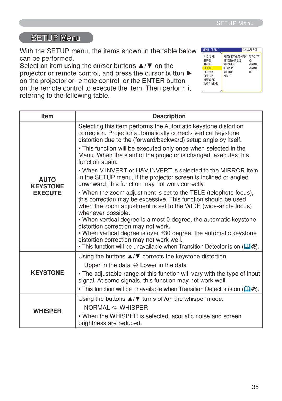 Hitachi CP-X265 user manual Setup Menu 