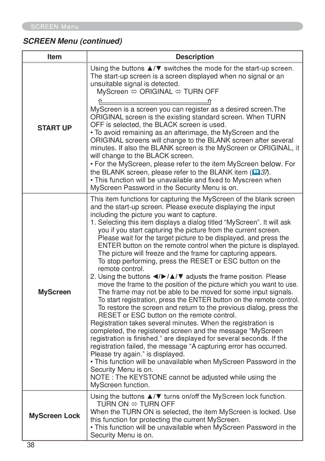 Hitachi CP-X265 user manual Screen Menu, Start UP, MyScreen Lock 