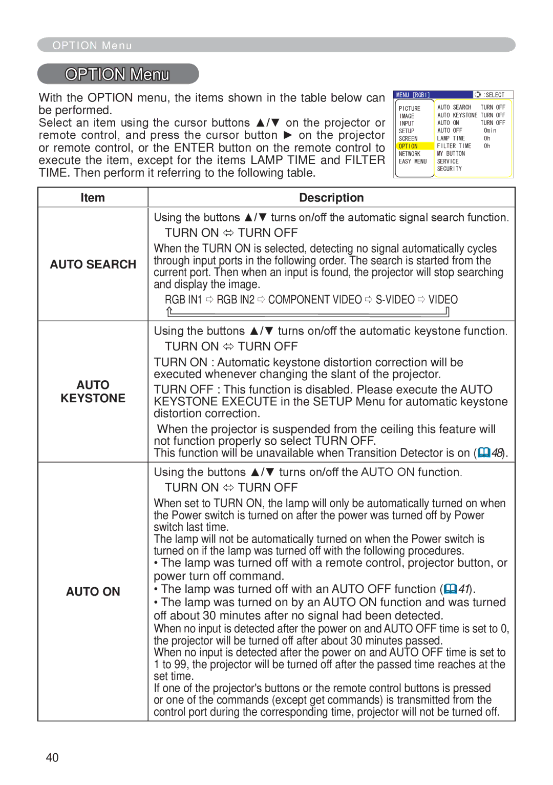 Hitachi CP-X265 user manual Option Menu, Auto Search, Auto on 