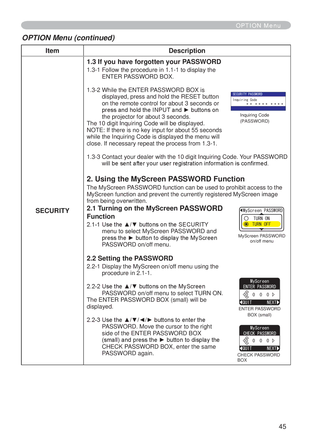 Hitachi CP-X265 user manual Using the MyScreen Password Function, Description If you have forgotten your Password 