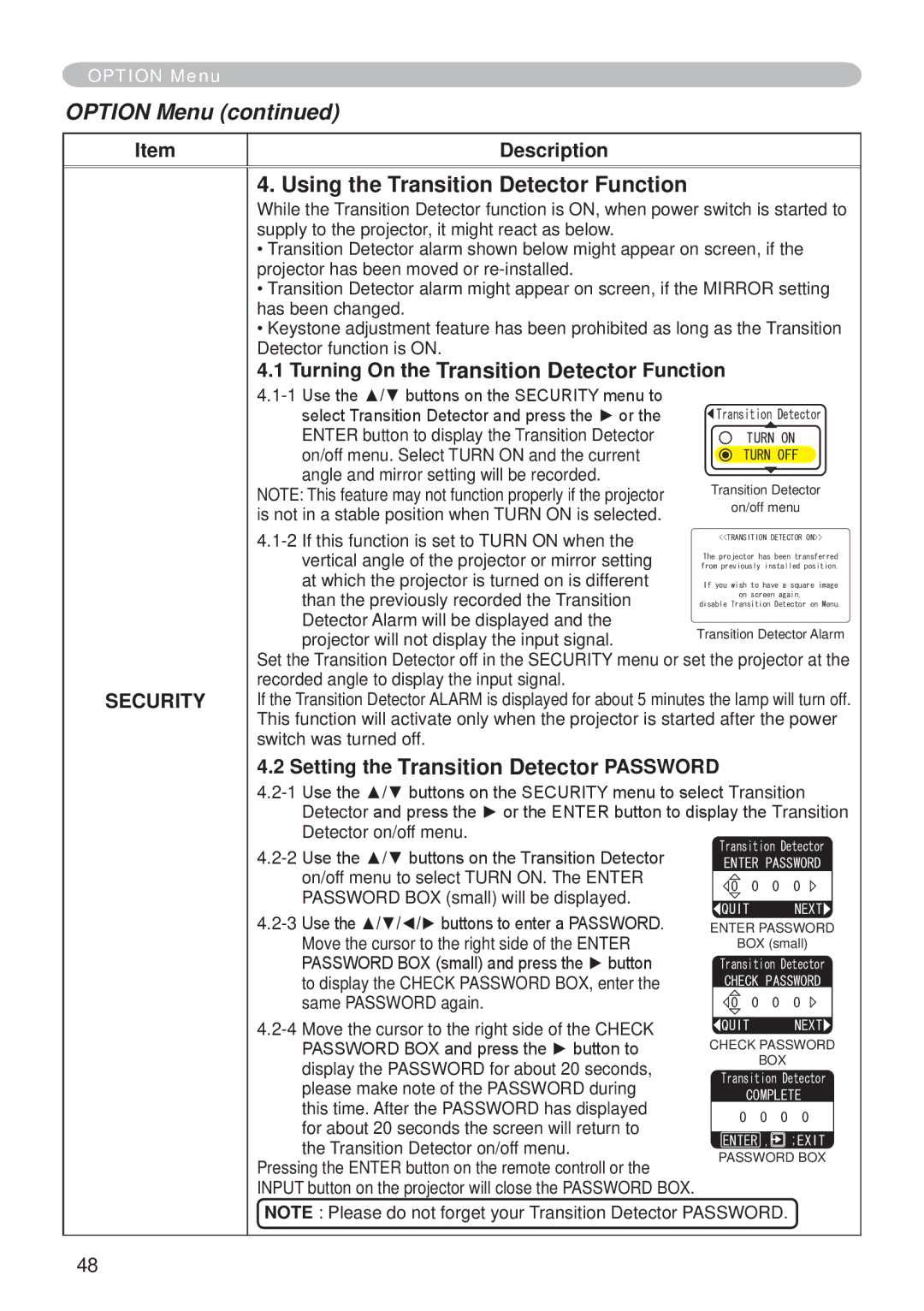 Hitachi CP-X265 user manual Using the Transition Detector Function, Turning On the Transition Detector Function 