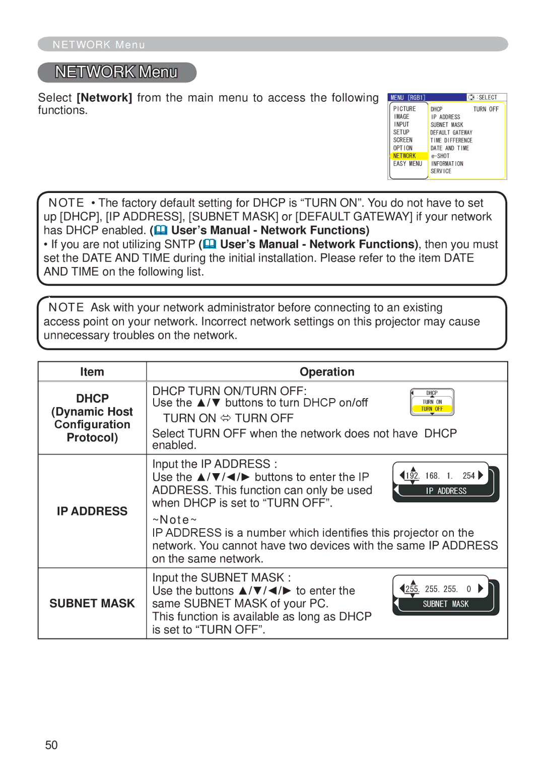 Hitachi CP-X265 user manual Network Menu, Dhcp, IP Address 