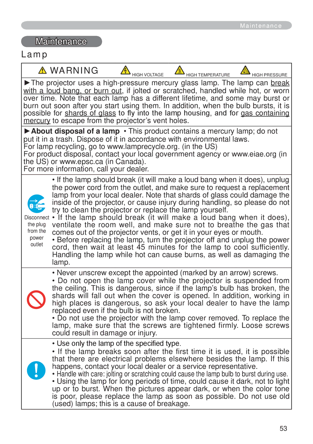 Hitachi CP-X265 user manual Maintenance, Lamp 