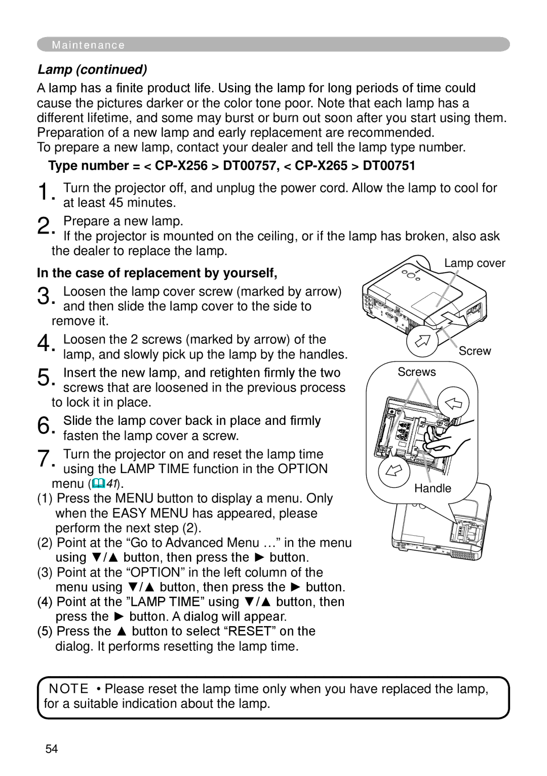 Hitachi user manual Type number = CP-X256 DT00757, CP-X265 DT00751, Case of replacement by yourself, Lamp cover 