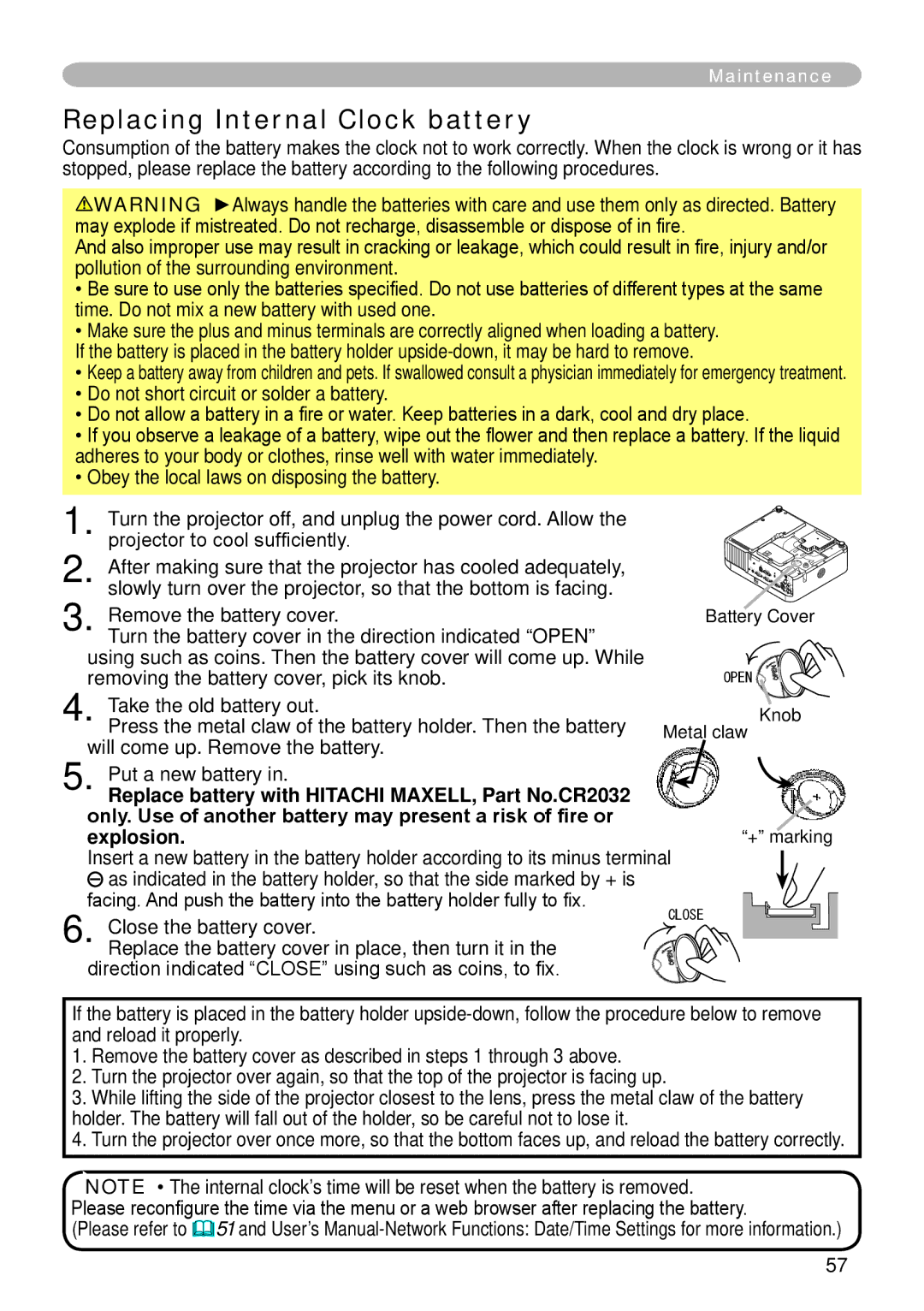 Hitachi CP-X265 user manual Replacing Internal Clock battery, Take the old battery out 