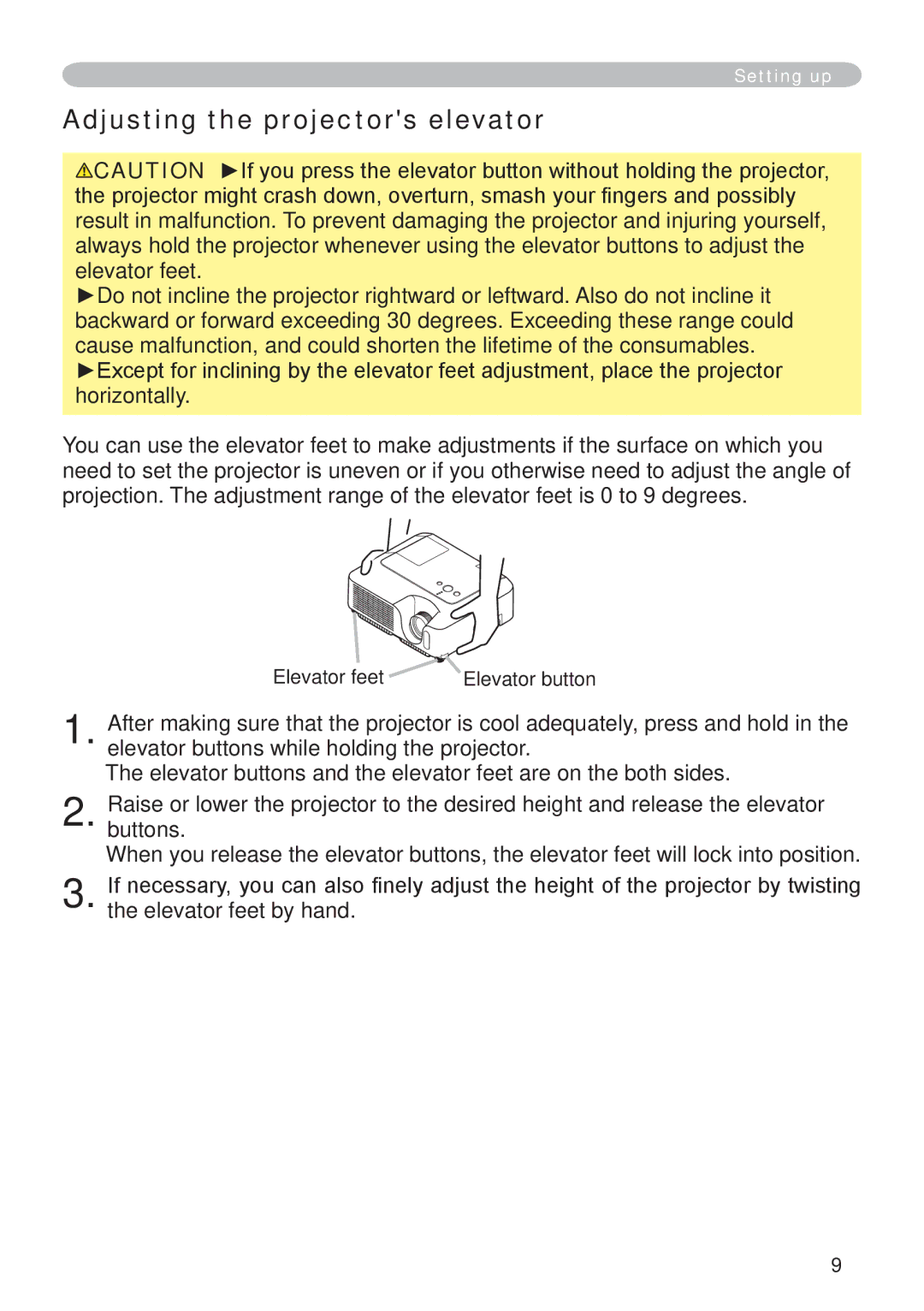 Hitachi CP-X265 user manual Adjusting the projectors elevator, Elevator feet Elevator button 