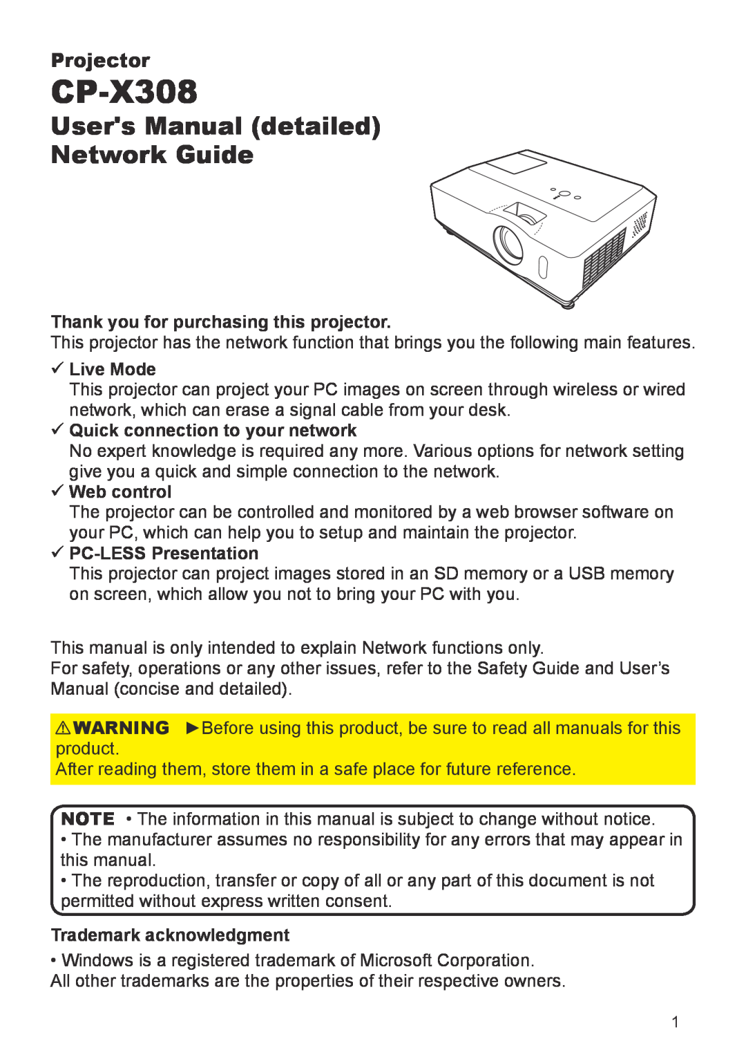 Hitachi CP-X267 user manual Thank you for purchasing this projector, üLive Mode, üQuick connection to your network 