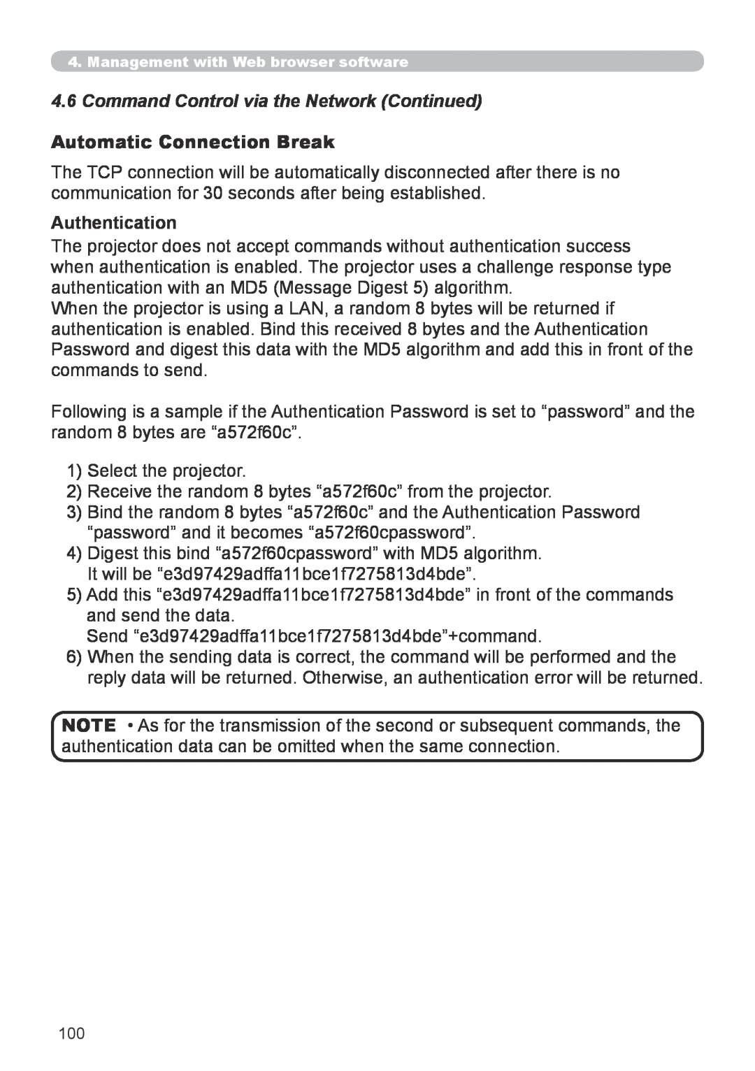 Hitachi CP-X267 user manual Automatic Connection Break, Authentication, 4.6Command Control via the Network Continued 