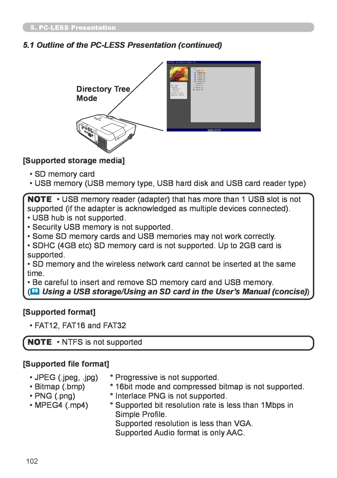 Hitachi CP-X267 user manual 5.1Outline of the PC-LESSPresentation continued, Directory Tree Mode Supported storage media 