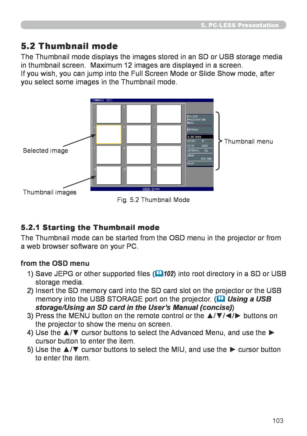 Hitachi CP-X267 user manual Starting the Thumbnail mode, from the OSD menu 