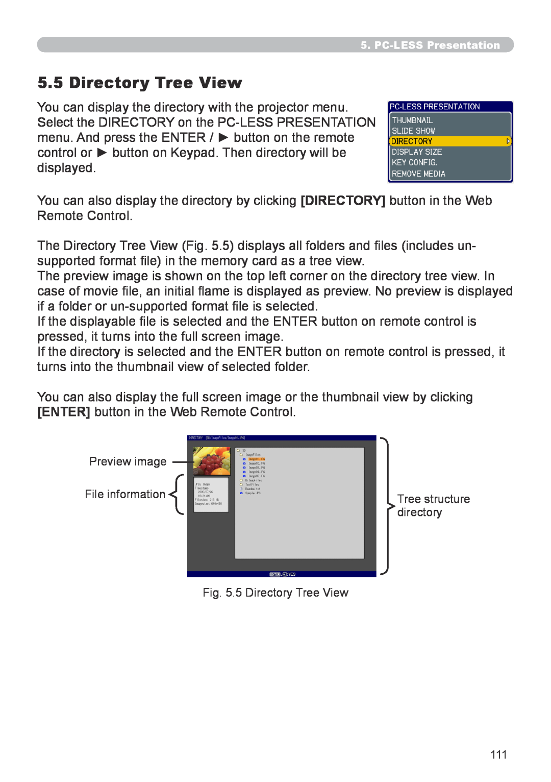 Hitachi CP-X267 user manual Preview image, File information, directory, 5 Directory Tree View 