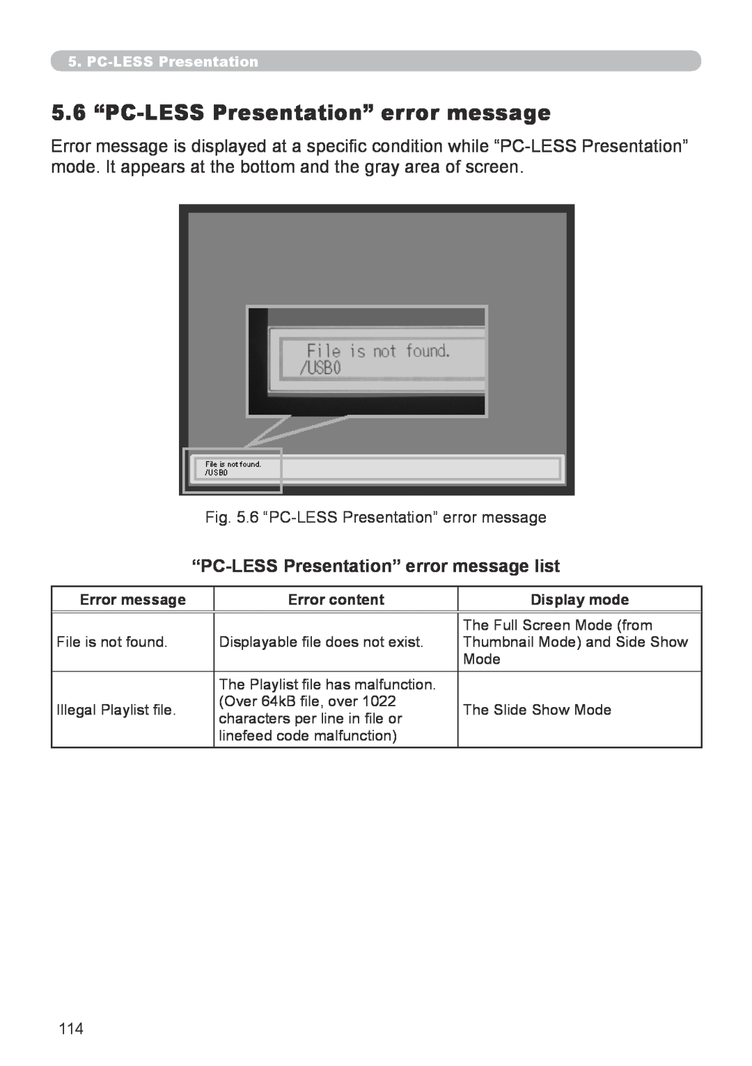 Hitachi CP-X267 user manual 5..6 “PC-LESSPresentation” error message, “PC-LESSPresentation” error message list 
