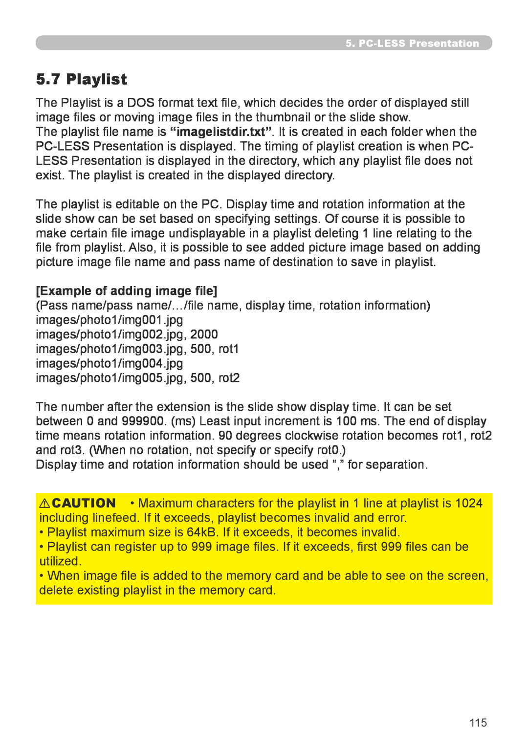 Hitachi CP-X267 user manual Playlist, Example of adding image file 