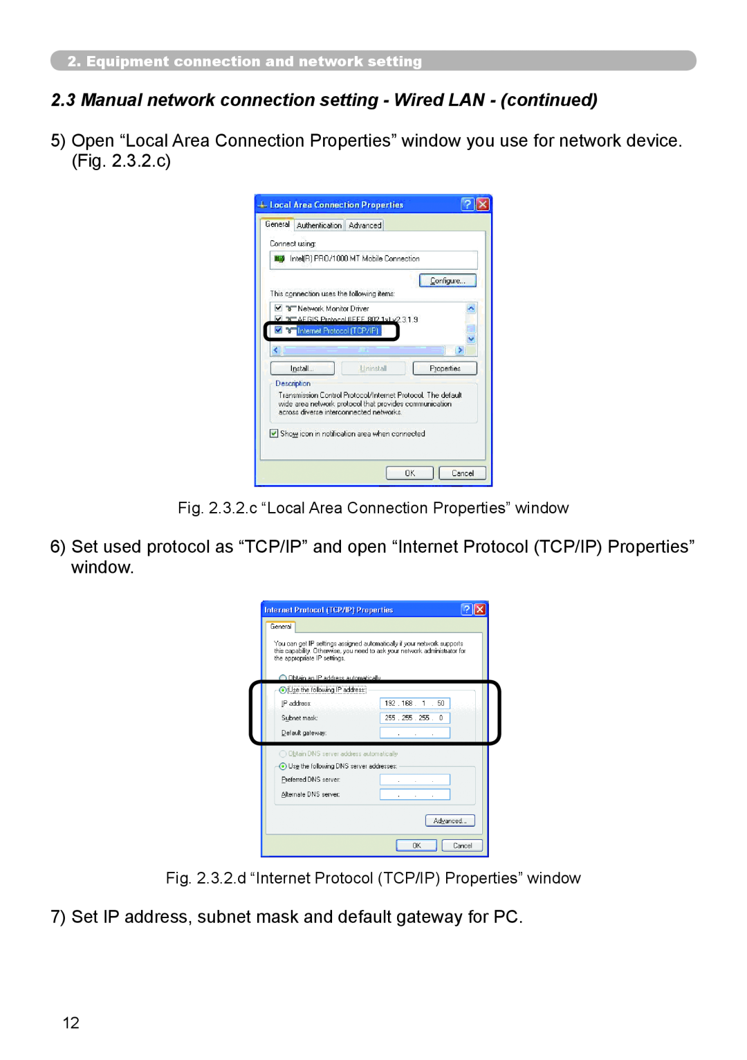 Hitachi CP-X267 user manual 3.2.c “Local Area Connection Properties” window 