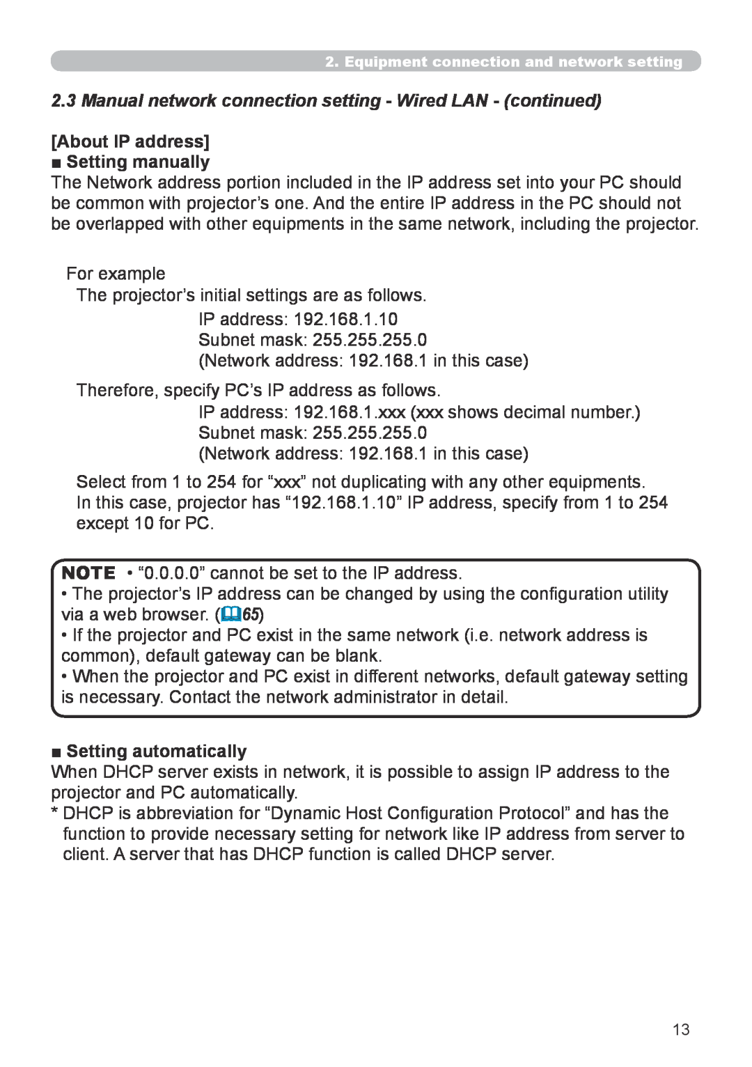Hitachi CP-X267 user manual About IP address Setting manually, Setting automatically 