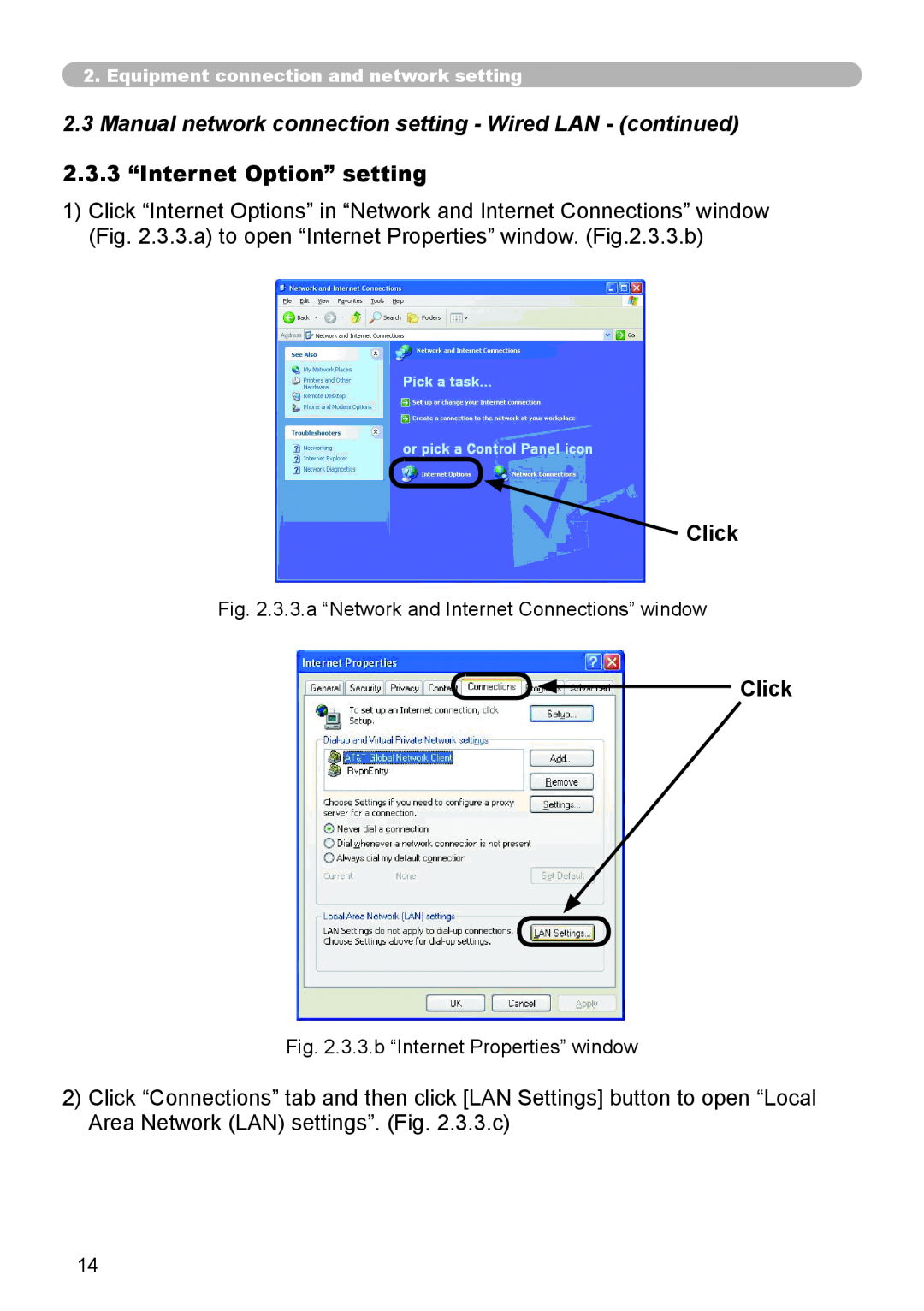 Hitachi CP-X267 user manual 2..3..3 “Internet Option” setting, Click, 3.3.b “Internet Properties” window 