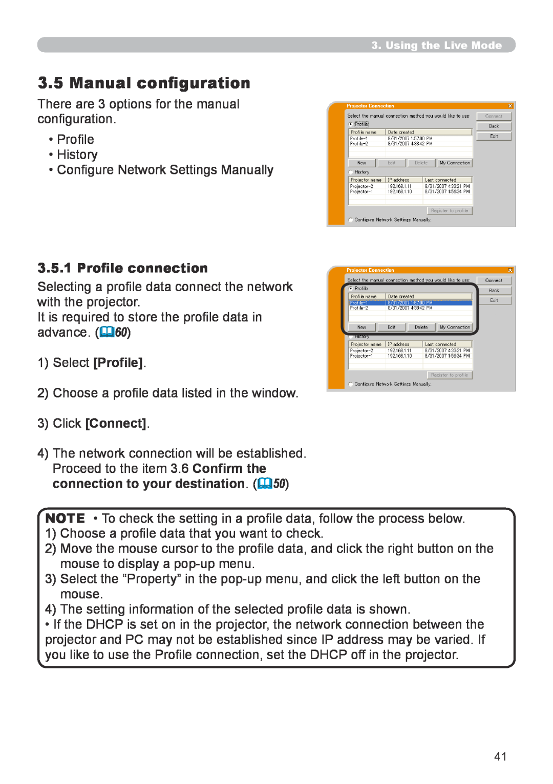 Hitachi CP-X267 user manual Manual configuration, Profile connection, 1Select Profile, 3Click Connect 