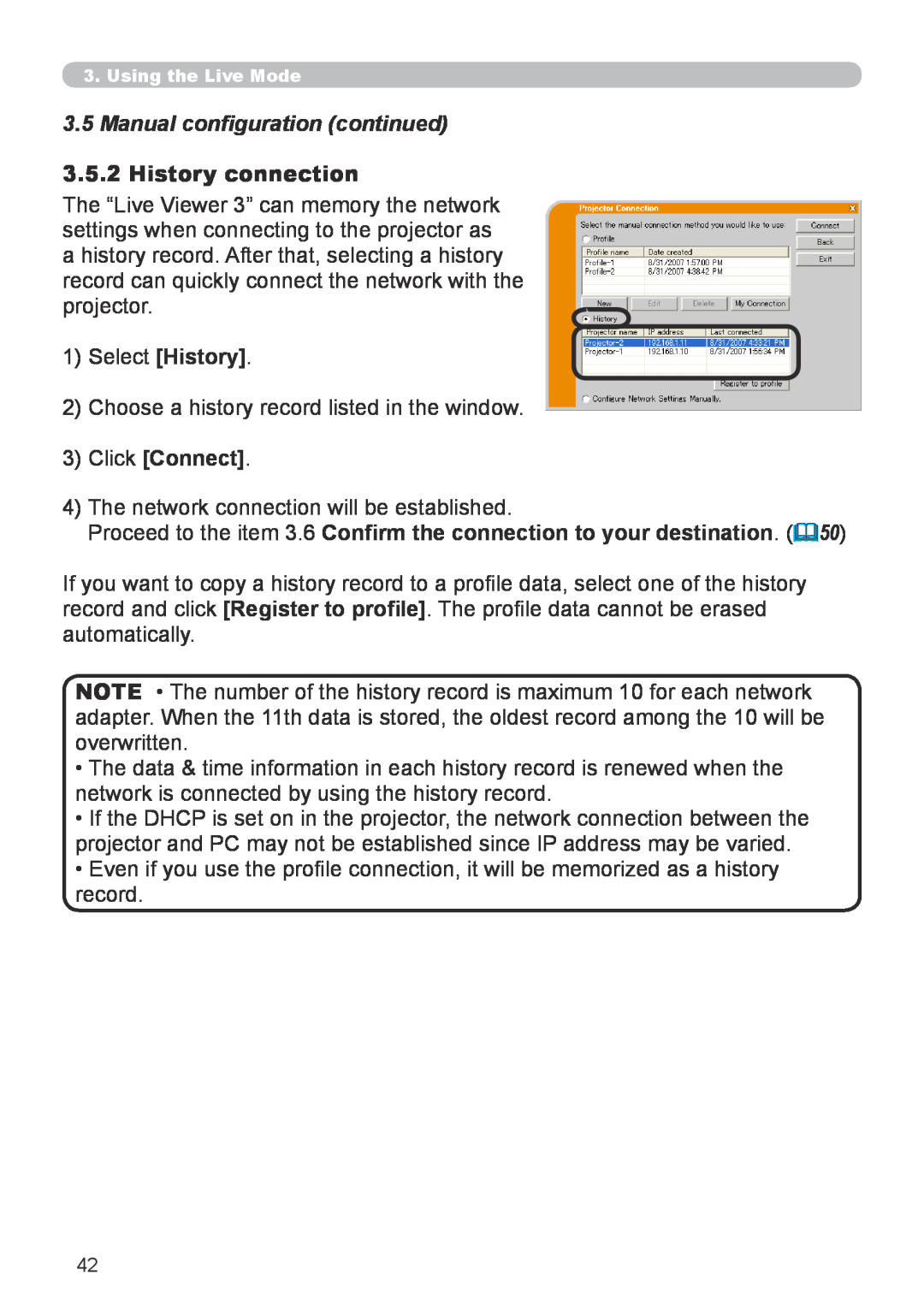 Hitachi CP-X267 user manual 3.5Manual configuration continued, History connection, 3Click Connect 