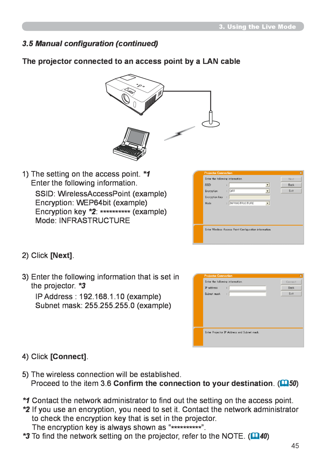 Hitachi CP-X267 user manual Manual configuration continued, SSID: WirelessAccessPoint example, 4Click Connect 